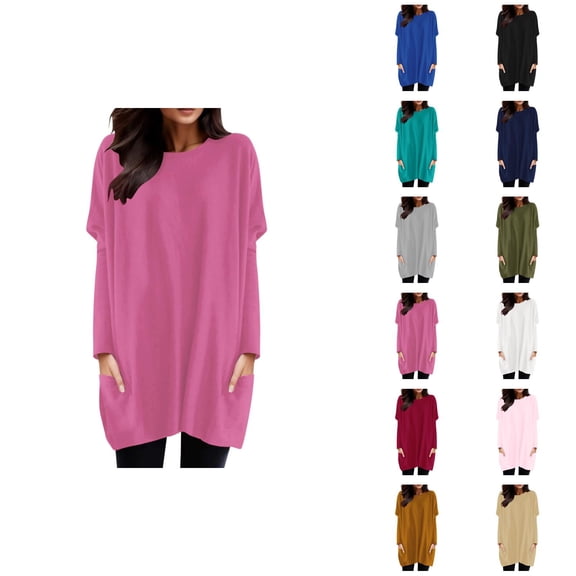 Women'S Long Sleeve Shirt Dress 2026 Fashion Crewneck Pullover Tops with Pockets Long Tshirts Mini Dresses