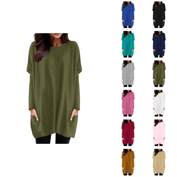 Women'S Long Sleeve Shirt Dress 2026 Fashion Crewneck Pullover Tops with Pockets Long Tshirts Mini Dresses
