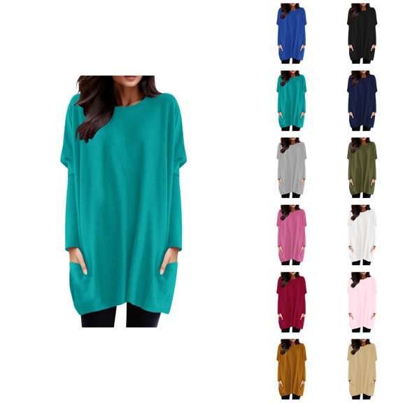 Women'S Long Sleeve Shirt Dress 2026 Fashion Crewneck Pullover Tops with Pockets Long Tshirts Mini Dresses