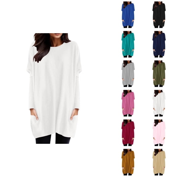 Women'S Long Sleeve Shirt Dress 2026 Fashion Crewneck Pullover Tops with Pockets Long Tshirts Mini Dresses