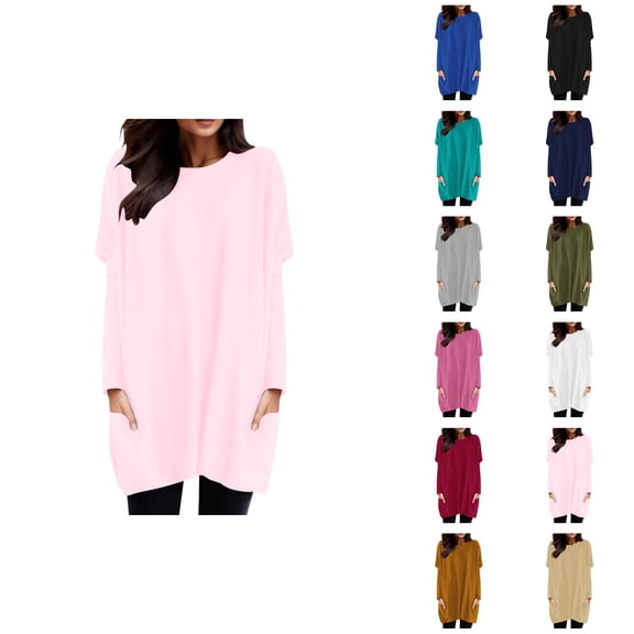 Women'S Long Sleeve Shirt Dress 2026 Fashion Crewneck Pullover Tops with Pockets Long Tshirts Mini Dresses