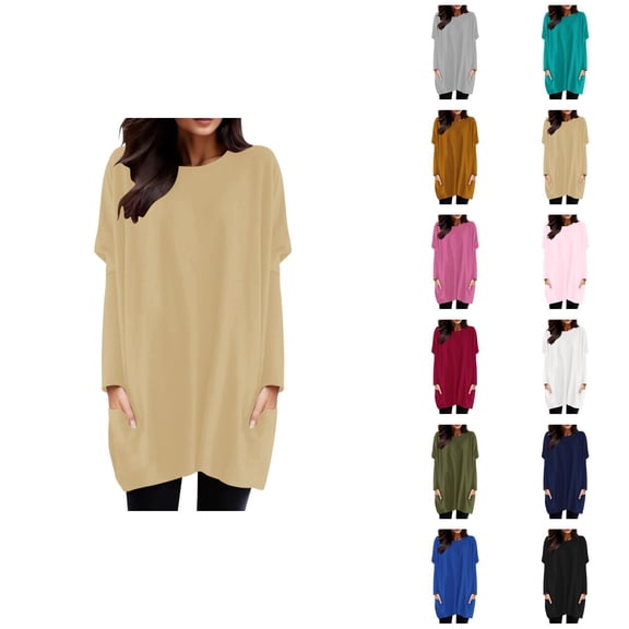 Women'S Long Sleeve Shirt Dress 2026 Trendy Crewneck Pullover Tops Long Tshirts Mini Dresses with Pockets