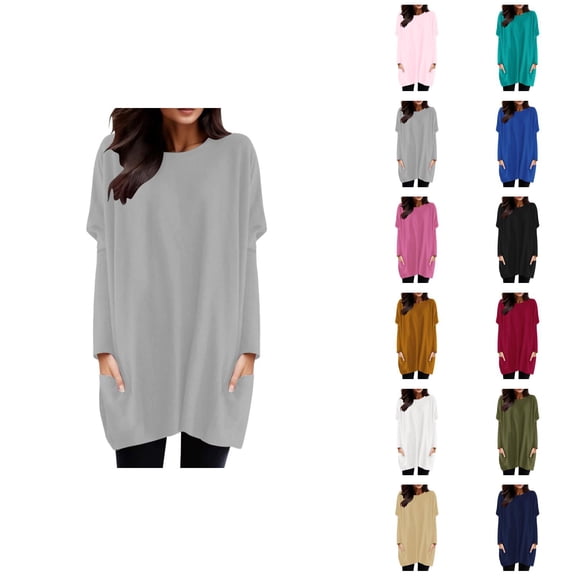 Women'S Long Sleeve Shirt Dress 2026 Trendy Crewneck Pullover Tops Mini Dresses Long Tshirts with Pockets