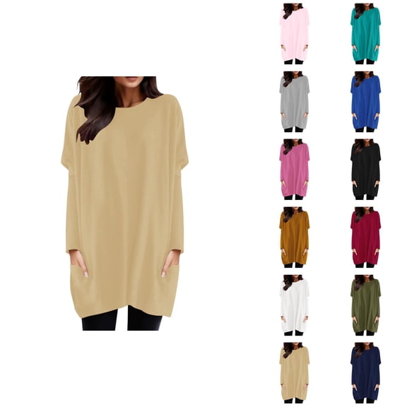 Women'S Long Sleeve Shirt Dress 2026 Trendy Crewneck Pullover Tops Mini Dresses Long Tshirts with Pockets