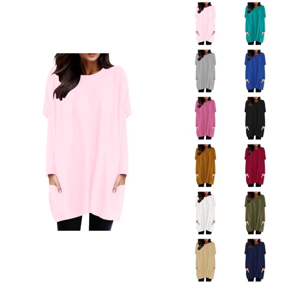 Women'S Long Sleeve Shirt Dress 2026 Trendy Crewneck Pullover Tops Mini Dresses Long Tshirts with Pockets