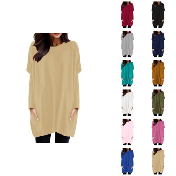 Women'S Long Sleeve Shirt Dress 2026 Trendy Crewneck Pullover Tops Mini Dresses with Pockets Long Tshirts