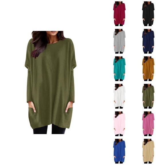 Women'S Long Sleeve Shirt Dress 2026 Trendy Crewneck Pullover Tops Mini Dresses with Pockets Long Tshirts