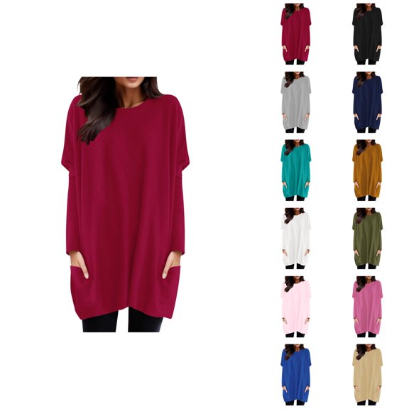 Women'S Long Sleeve Shirt Dress 2026 Trendy Crewneck Pullover Tops Mini Dresses with Pockets Long Tshirts