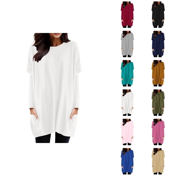 Women'S Long Sleeve Shirt Dress 2026 Trendy Crewneck Pullover Tops Mini Dresses with Pockets Long Tshirts