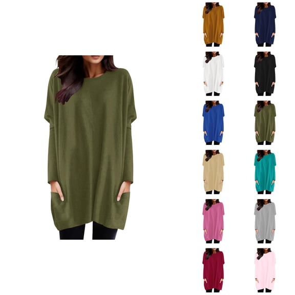 Women'S Long Sleeve Shirt Dress 2026 Trendy Crewneck Pullover Tops Mini Dresses with Pockets Long Tshirts
