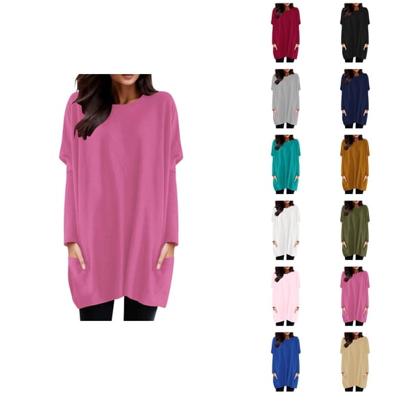 Women'S Long Sleeve Shirt Dress 2026 Trendy Crewneck Pullover Tops Mini Dresses with Pockets Long Tshirts