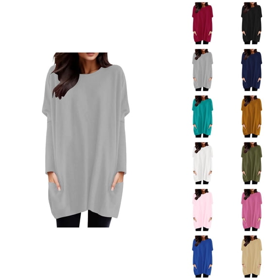 Women'S Long Sleeve Shirt Dress 2026 Trendy Crewneck Pullover Tops Mini Dresses with Pockets Long Tshirts