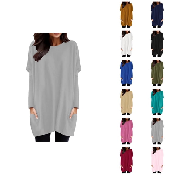 Women'S Long Sleeve Shirt Dress 2026 Trendy Crewneck Pullover Tops Mini Dresses with Pockets Long Tshirts