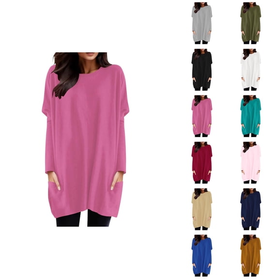Women'S Long Sleeve Shirt Dress 2026 Trendy Crewneck Pullover Tops with Pockets Mini Dresses Long Tshirts
