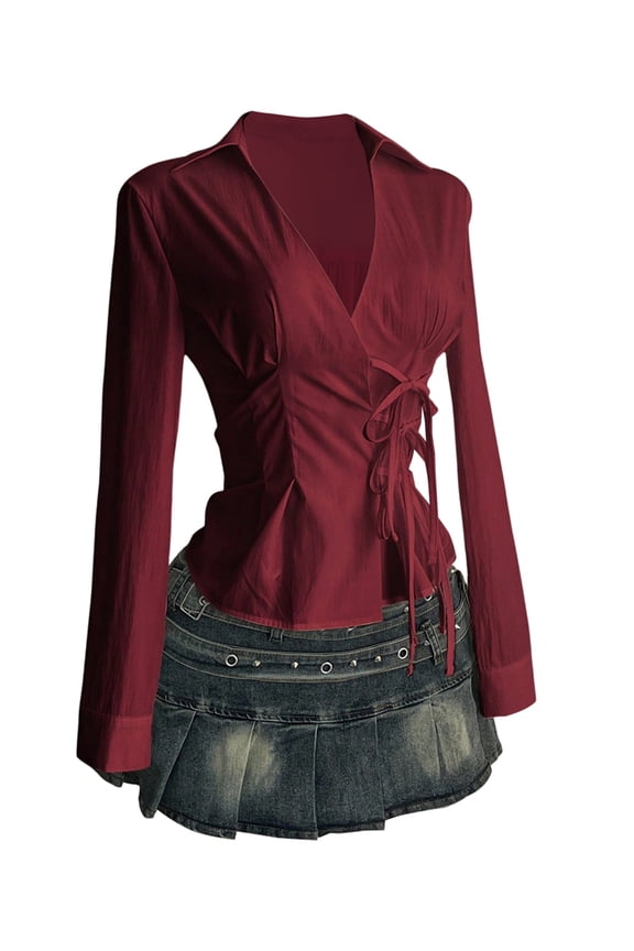 Women'S Long Sleeve Shirt Lace Up Front Princess Line Lapel Top Red M