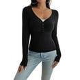 thumbnail image 1 of Women'S Long Sleeve Shirt V-Neck Buttons Ribbed Knit Slim Fit Casual Basic Spring Autumn Tops Black S, 1 of 9
