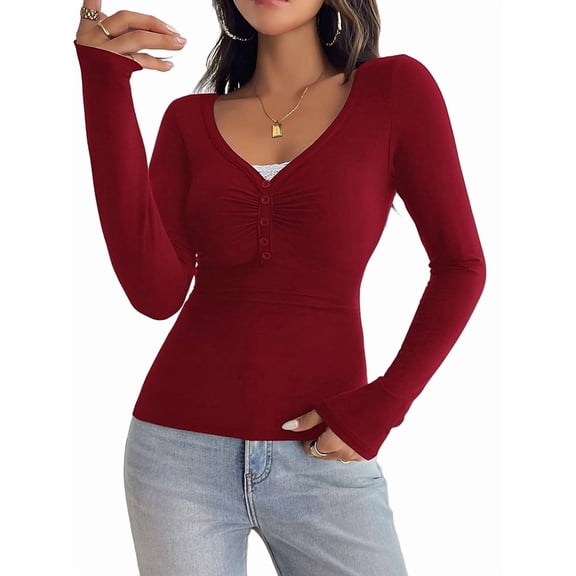 Women'S Long Sleeve Shirt V-Neck Buttons Ribbed Knit Slim Fit Casual Basic Spring Autumn Tops Wine Red M
