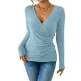 thumbnail image 1 of Women'S Long Sleeve Shirt V Neck Ribbed Knit Slim Button Sweater Autumn Casual Work Tops Light Blue L, 1 of 7
