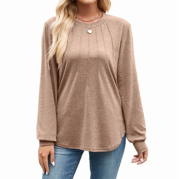 Women'S Long Sleeve Shirts 2025 Autumn Fashion Formal Casual Shirts Pleated Round Neck Tunic Tops Khaki L