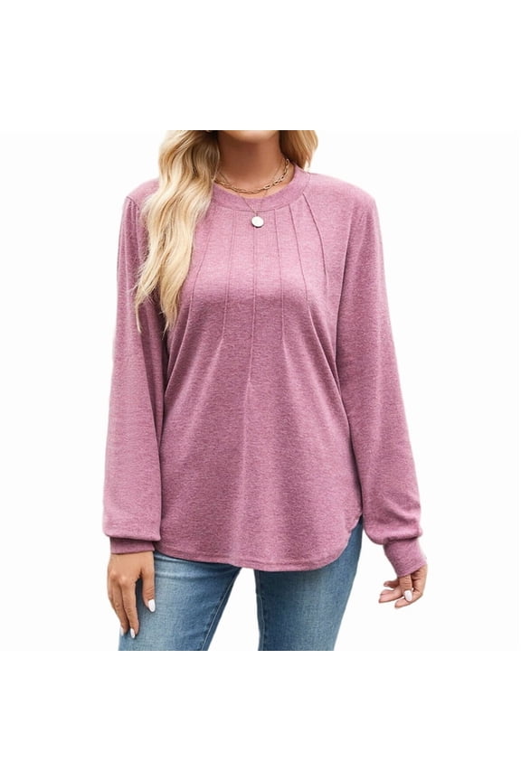 Women'S Long Sleeve Shirts 2025 Autumn Fashion Formal Casual Shirts Pleated Round Neck Tunic Tops Red XL