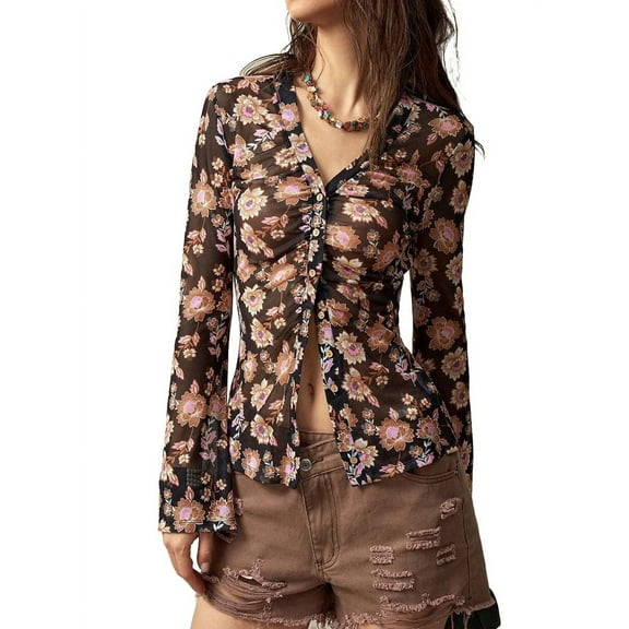 Women'S Long Sleeve Shirts Boho Floral Print Blouses Button Down V Neck Fitted Tops Black M