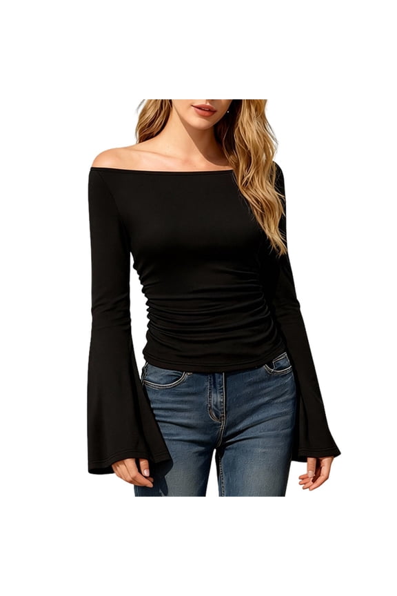 Women'S Long Sleeve Shirts Crop Going Out Tops Casual Boat Neck Bell Sleeve Ribbed Ruched Black XL