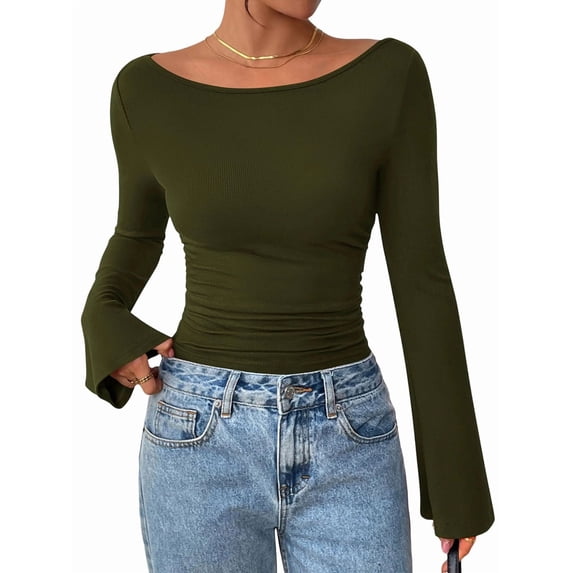 Women'S Long Sleeve Shirts Crop Going Out Tops Casual Boat Neck Bell Sleeve Ruched Green M