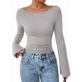 thumbnail image 1 of Women'S Long Sleeve Shirts Crop Going Out Tops Casual Boat Neck Bell Sleeve Ruched Light Gray M, 1 of 9
