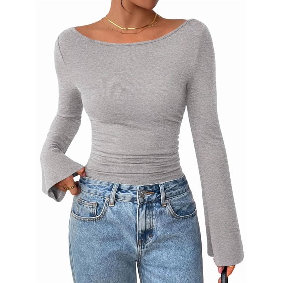 Women'S Long Sleeve Shirts Crop Going Out Tops Casual Boat Neck Bell Sleeve Ruched Light Gray M