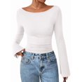 thumbnail image 1 of Women'S Long Sleeve Shirts Crop Going Out Tops Casual Boat Neck Bell Sleeve Ruched White S, 1 of 9