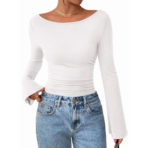 Women'S Long Sleeve Shirts Crop Going Out Tops Casual Boat Neck Bell Sleeve Ruched White S