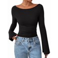 thumbnail image 1 of Women'S Long Sleeve Shirts Crop Going Out Tops Casual Boat Neck Bell Sleeve Ruched, 1 of 9