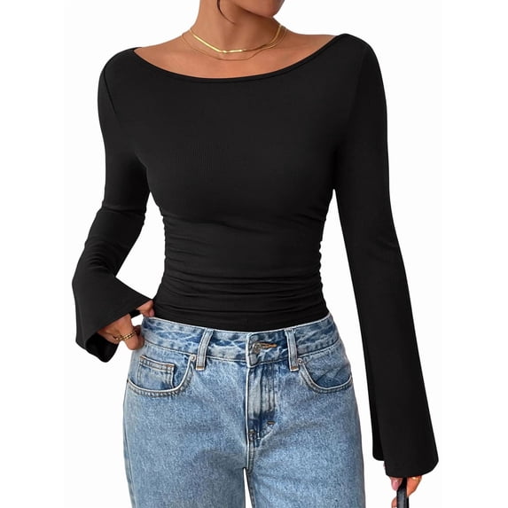 Women'S Long Sleeve Shirts Crop Going Out Tops Casual Boat Neck Bell Sleeve Ruched