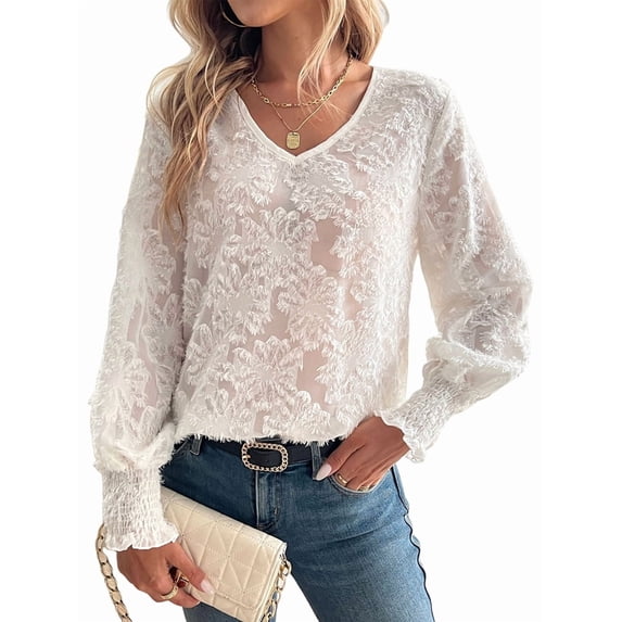 Women'S Long Sleeve Shirts Lantern Sleeve V Neck Casual Loose Chiffon Blouses Tops White XL