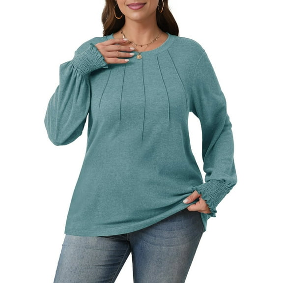 Women'S Long Sleeve Shirts Pleated Business Casual Crew Neck Blouses with Smocked Cuffs Lake Green XXL