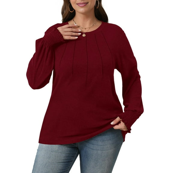 Women'S Long Sleeve Shirts Pleated Business Casual Crew Neck Blouses with Smocked Cuffs Wine Red XXL