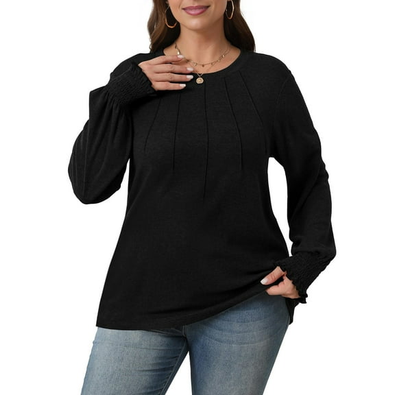 Women'S Long Sleeve Shirts Pleated Business Casual Crew Neck Blouses with Smocked Cuffs