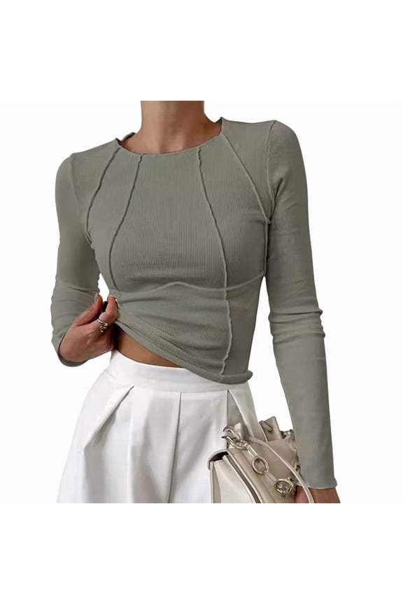 Women'S Long Sleeve Shirts Slim Fit Crew Neck Fall Clothes Exposed Seams Ribbed Basic Tops Bean Green S
