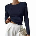 thumbnail image 1 of Women'S Long Sleeve Shirts Slim Fit Crew Neck Fall Clothes Exposed Seams Ribbed Basic Tops Navy Blue M, 1 of 5