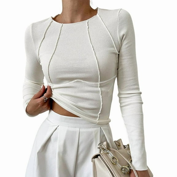 Women'S Long Sleeve Shirts Slim Fit Crew Neck Fall Clothes Exposed Seams Ribbed Basic Tops White S