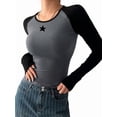 thumbnail image 1 of Women'S Long Sleeve Shirts Slim Fit Stretchy Color Block Slightly Cropped Tops Dark Gray Stars M, 1 of 5