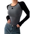 thumbnail image 1 of Women'S Long Sleeve Shirts Slim Fit Stretchy Color Block Slightly Cropped Tops Dark Gray Stars XL, 1 of 5