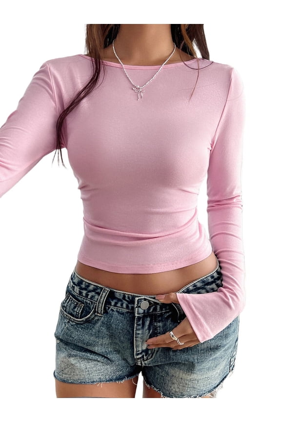 Women'S Long Sleeve Shirts Spring 2025 Casual Basic Going Out Crop Tops Slim Fit Tight Y2K Clothes Pink S