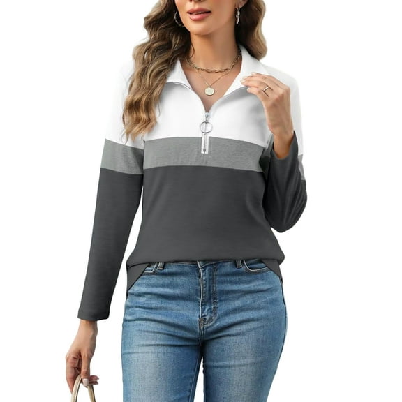Women'S Long Sleeve Shirts Zipper Color Block V Neck Tunic Tops Casual Blouse Dark Gray XXL