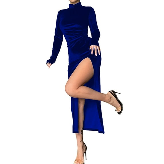 Women'S Long Sleeve Side Ruched High Slit Maxi Dress Mock Neck Velvet Bodycon Party Club Thigh Split Long Dress Blue S