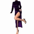 thumbnail image 1 of Women'S Long Sleeve Side Ruched High Slit Maxi Dress Mock Neck Velvet Bodycon Party Club Thigh Split Long Dress M, 1 of 7