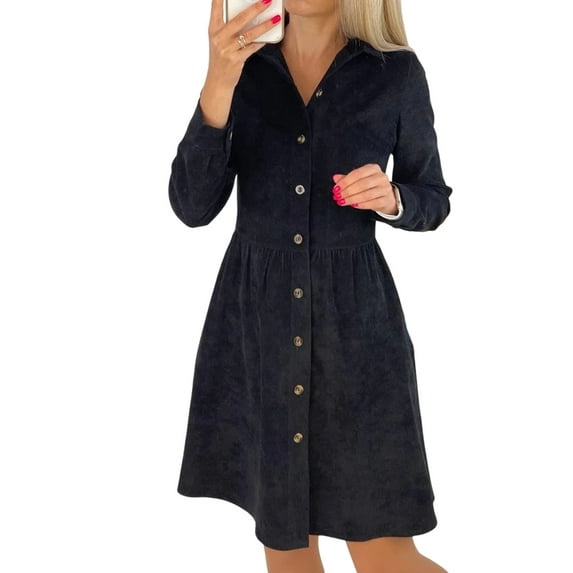 Women'S Long Sleeve Single Row Button Corduroy Shirt Dress Midi Maxi Casual Shift Dress Black XXL