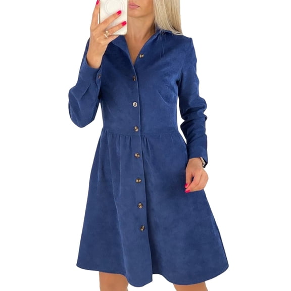 Women'S Long Sleeve Single Row Button Corduroy Shirt Dress Midi Maxi Casual Shift Dress Blue XL