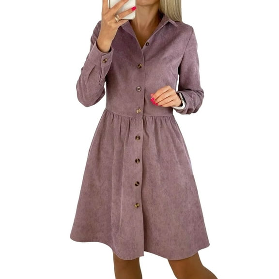 Women'S Long Sleeve Single Row Button Corduroy Shirt Dress Midi Maxi Casual Shift Dress XXL