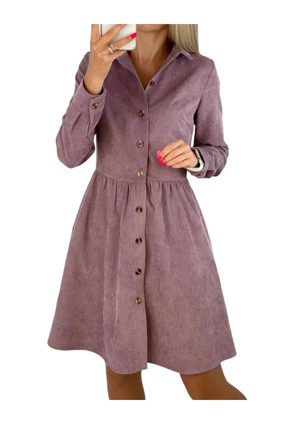 Women'S Long Sleeve Single Row Button Corduroy Shirt Dress Midi Maxi Casual Shift Dress XXL